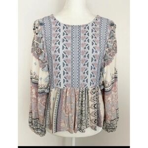 American Eagle Peplum Blouse Medium Pink Blue Floral‎ Tassels Embroidered boho